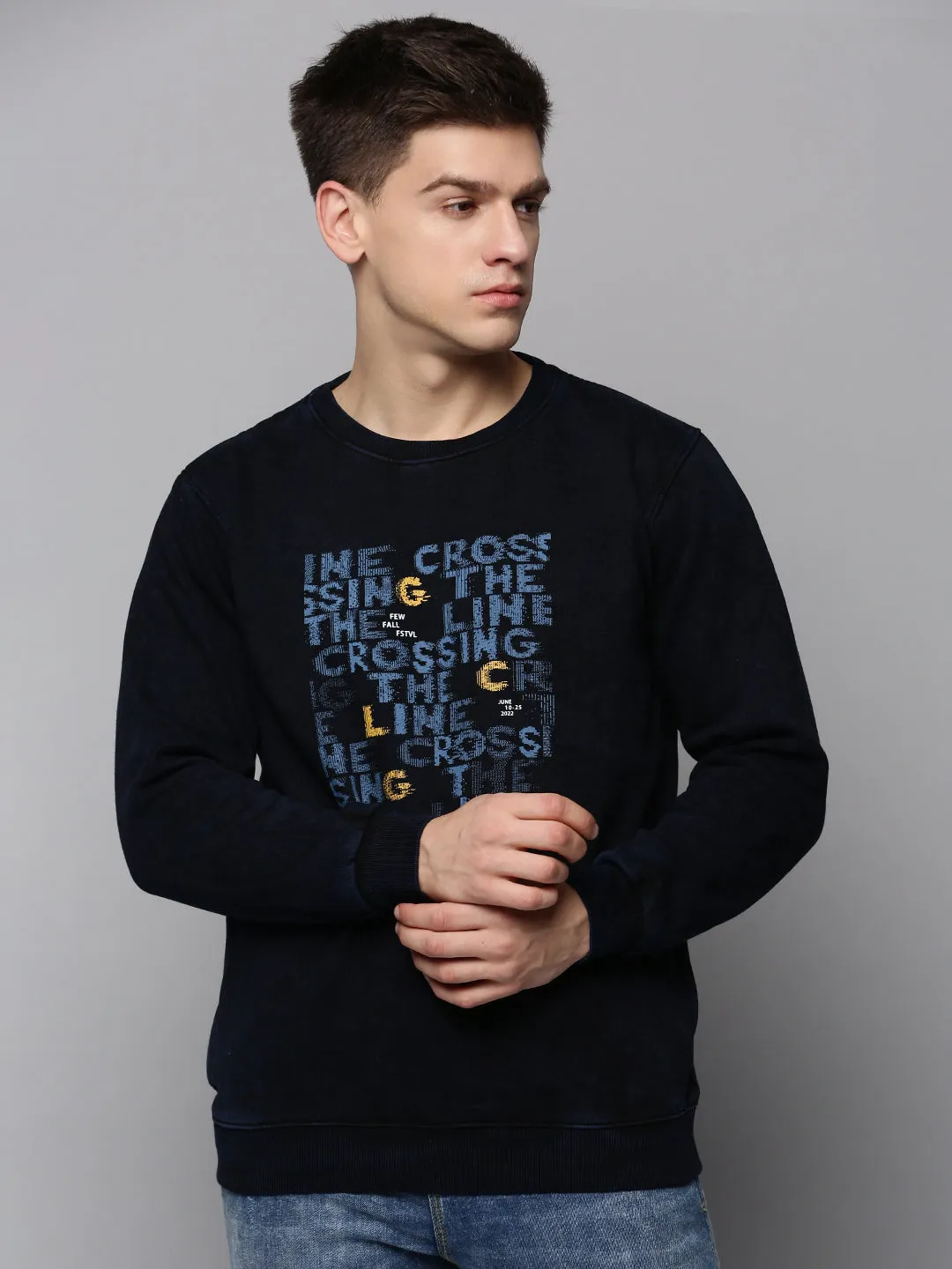 product couple connection Outdoor Essential Men's Navy Blue Typography Printed Cotton Pullover Sweatshirt