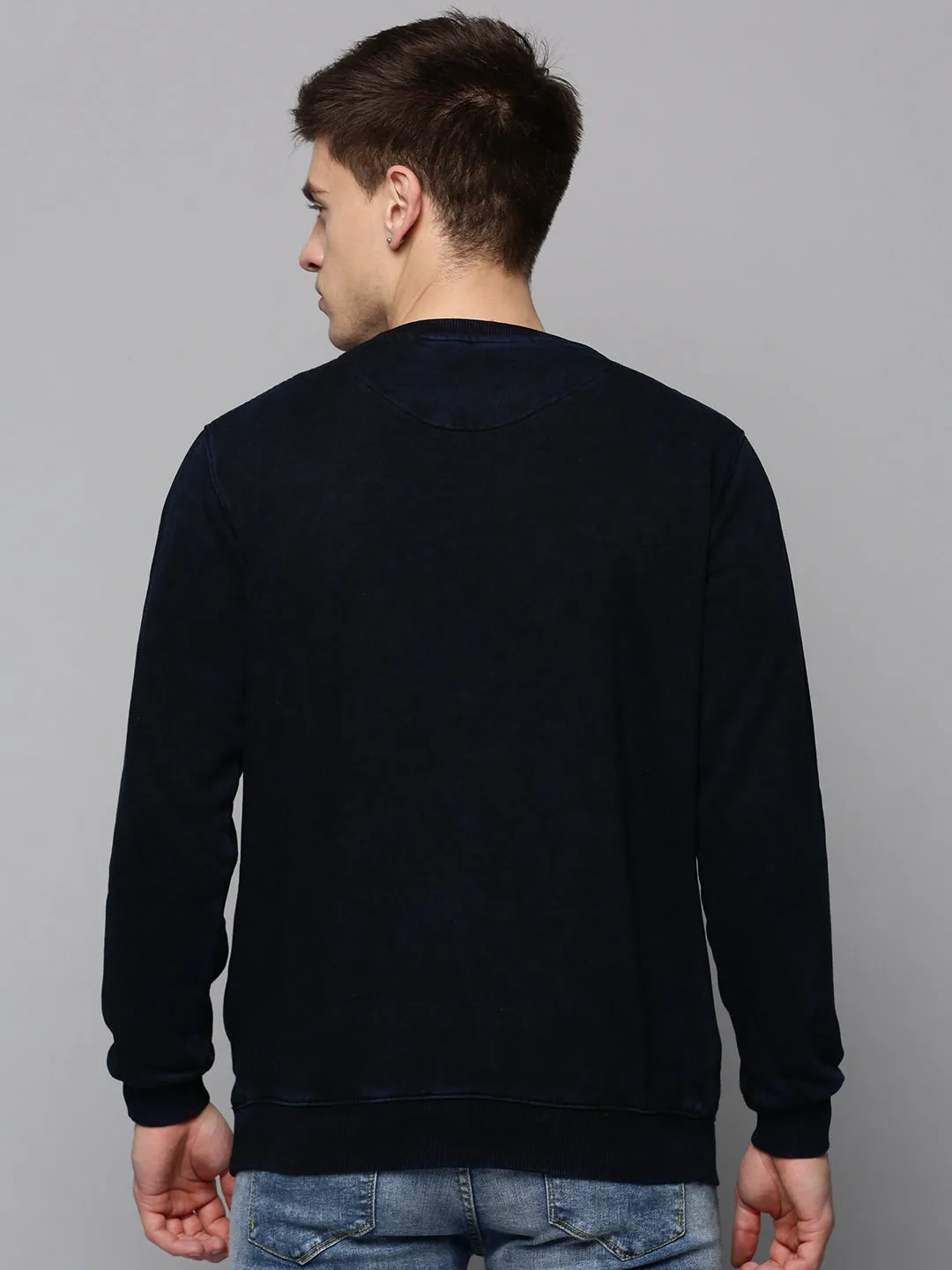 Men's Navy Blue Typography Printed Cotton Pullover Sweatshirt Outdoor Sporty