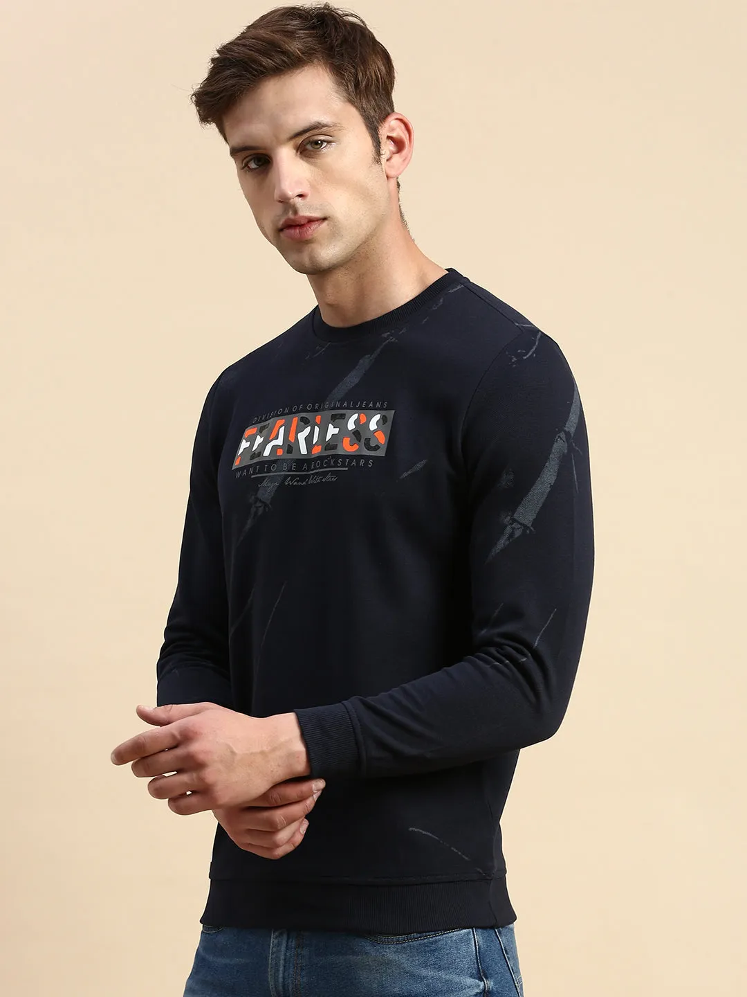 Men's Navy Blue Typography Printed Cotton Sweatshirt Color fastness Trendy Look