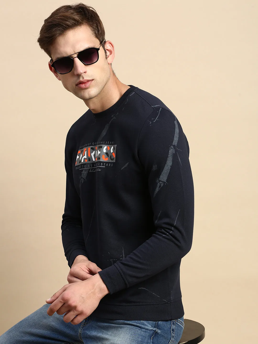 Versatile Look Warm and Cozy Men's Navy Blue Typography Printed Cotton Sweatshirt