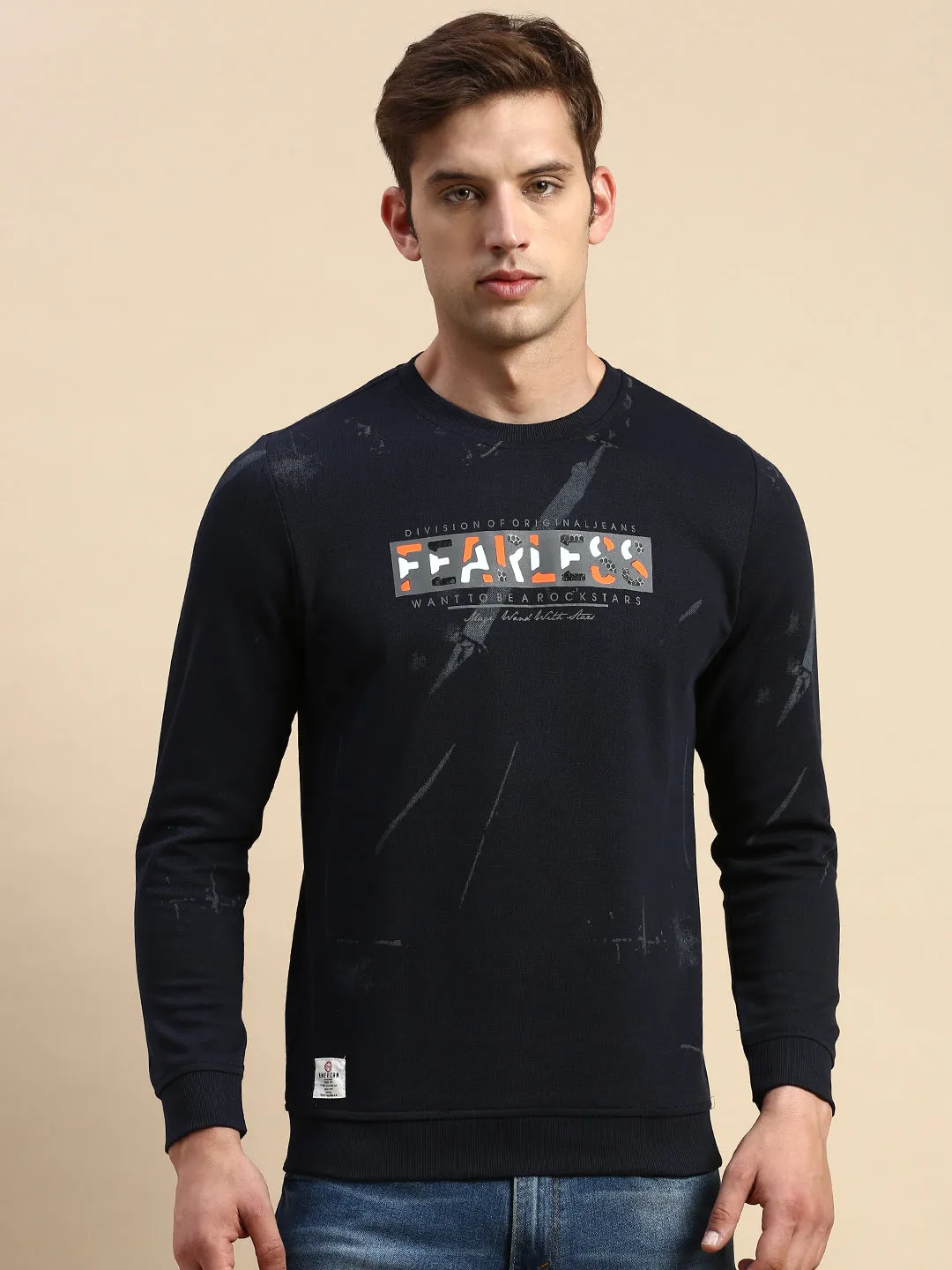 Men's Navy Blue Typography Printed Cotton Sweatshirt Soft Texture