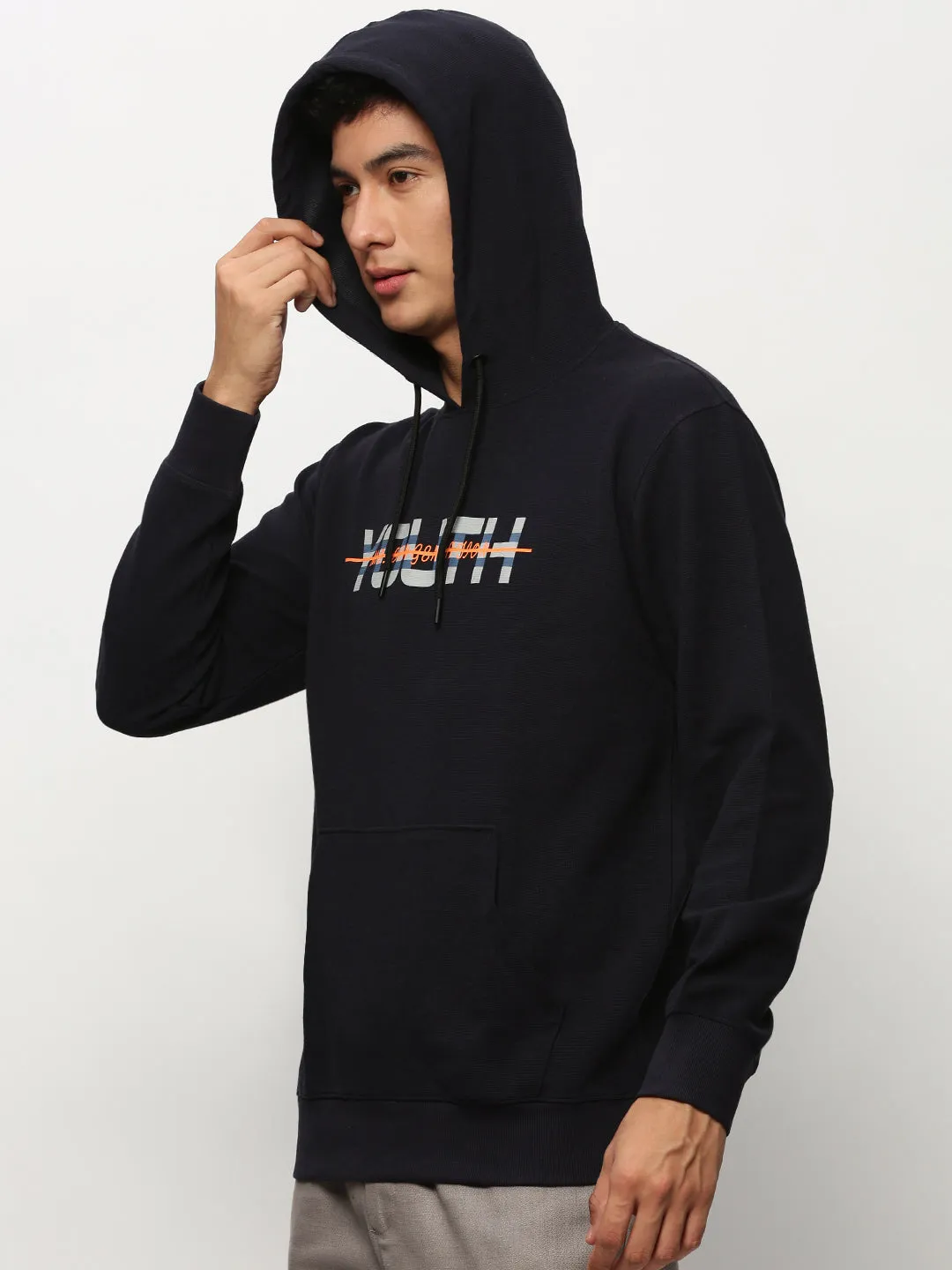 Stylish Hoodie Men's Navy Blue Typography Printed Hooded Cotton Pullover Sweatshirt