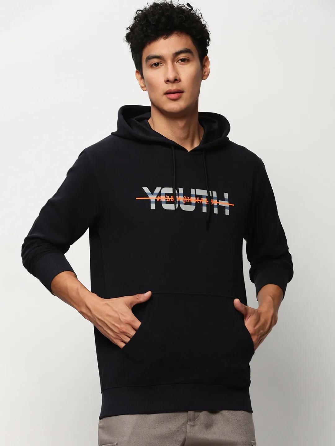 Men's Navy Blue Typography Printed Hooded Cotton Pullover Sweatshirt Backpacking Essential product family togetherness