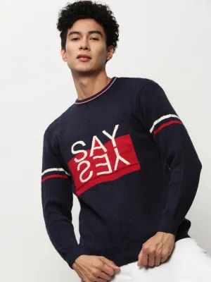 Men's Navy Blue Typography Self Design Acrylic Pullover Breathable Texture Transitional Wear