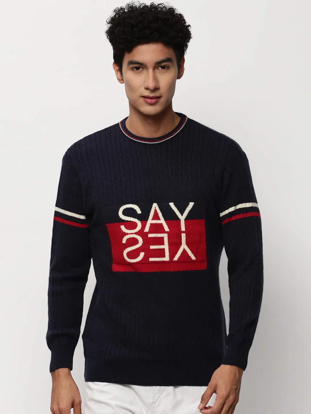 Tagless Design Men's Navy Blue Typography Self Design Acrylic Pullover