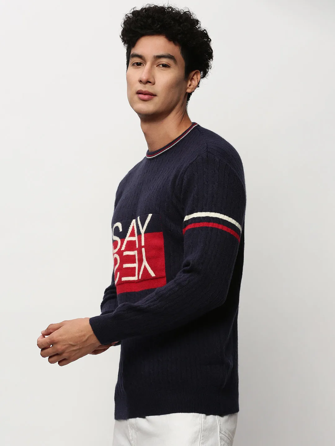 Men's Navy Blue Typography Self Design Acrylic Pullover Ribbed Collar Design