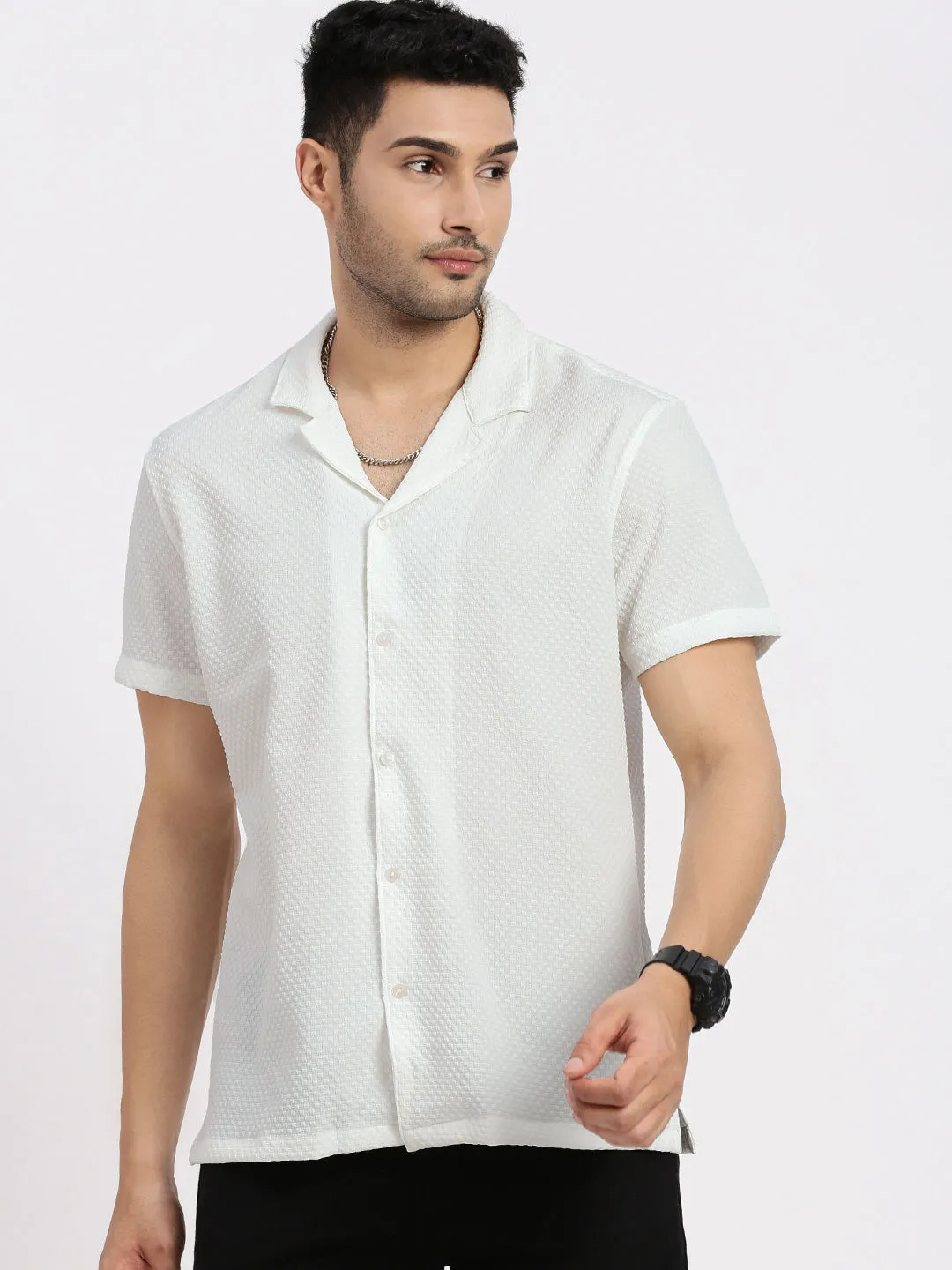 Photo Glam Tough Core Men's Off White Cuban Collar Solid Shirt