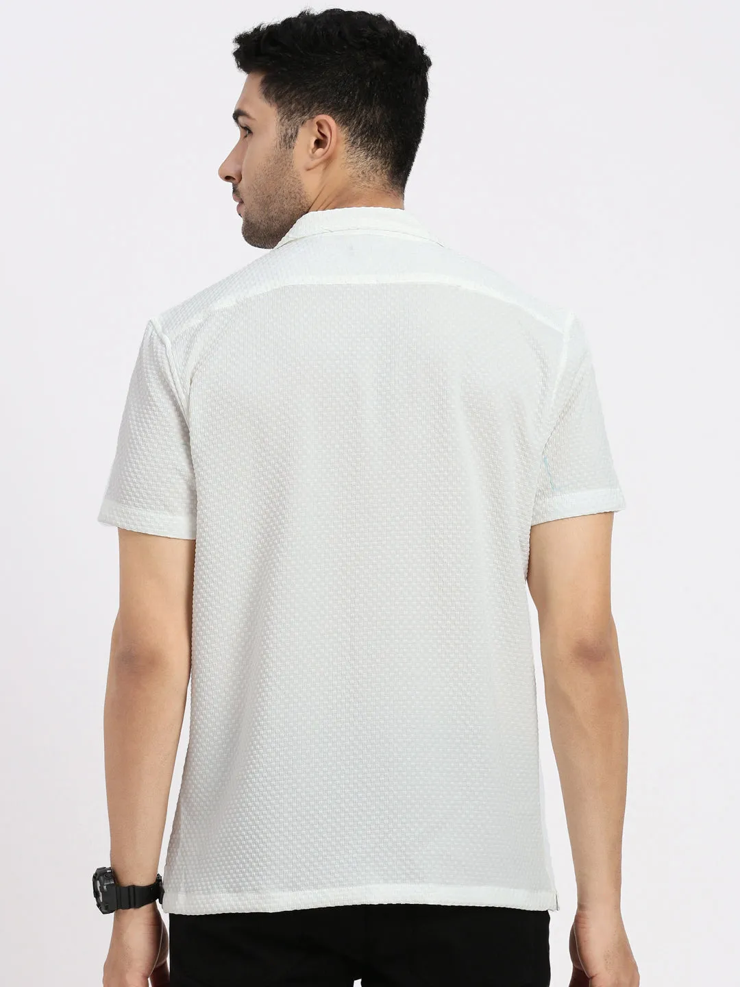 Men's Off White Cuban Collar Solid Shirt Seamless construction