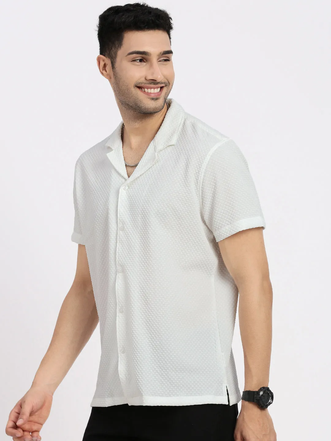 Men's Off White Cuban Collar Solid Shirt Date Vibe
