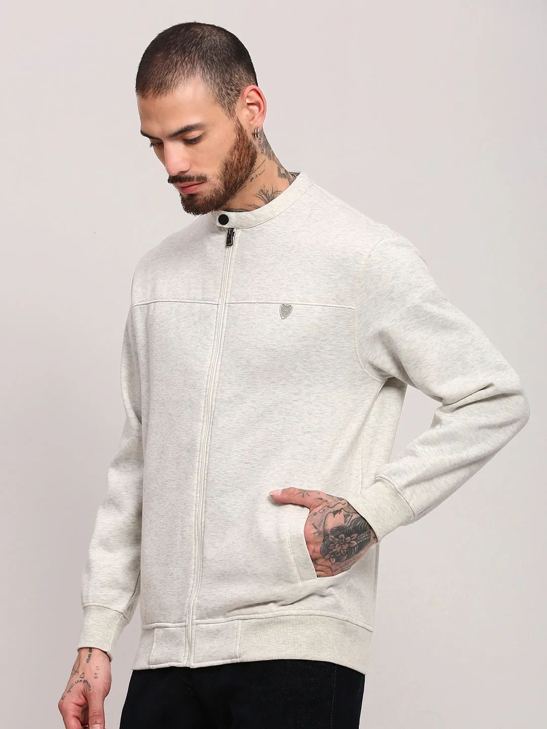 Men's Off White Mandarin Collar Front-Open Sweatshirt Fashion Statement