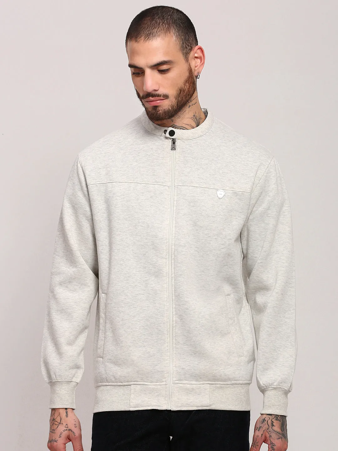 Men's Off White Mandarin Collar Front-Open Sweatshirt active top