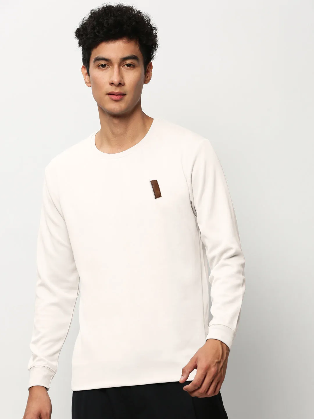 Men's Off White Round Neck Ribbed Slim Fit Sweatshirt short sleeves