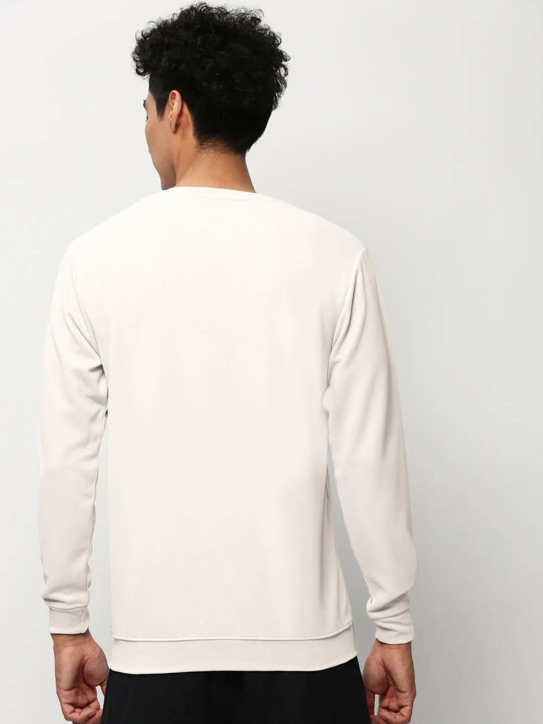 Men's Off White Round Neck Ribbed Slim Fit Sweatshirt appropriate for weekdays