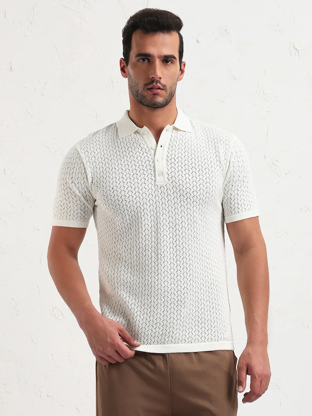 Indoor Wear product exchange policy Men's Off White Solid Polo Collar T-Shirt