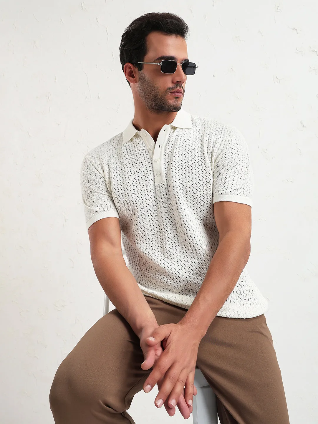 Comfort Layering Men's Off White Solid Polo Collar T-Shirt