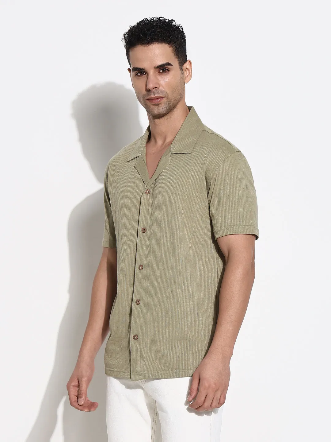 Men's Olive Cuban Collar Comfort Opaque Casual Shirt SustainableBlend Casual Day
