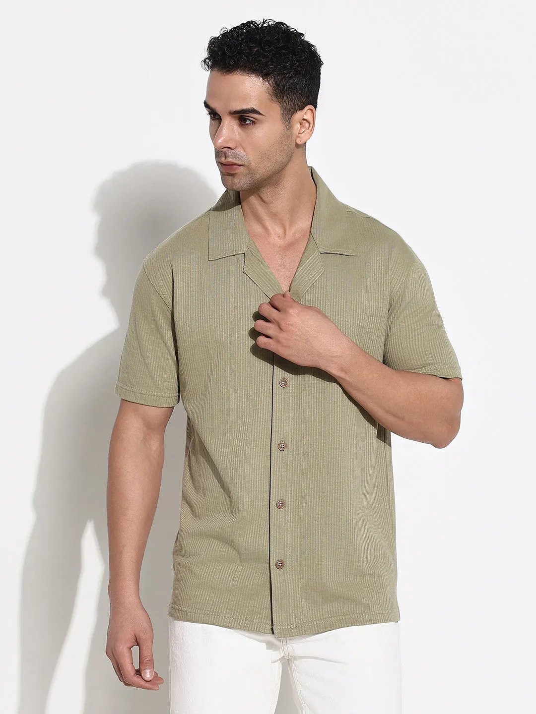 StaticFree Material Men's Olive Cuban Collar Comfort Opaque Casual Shirt