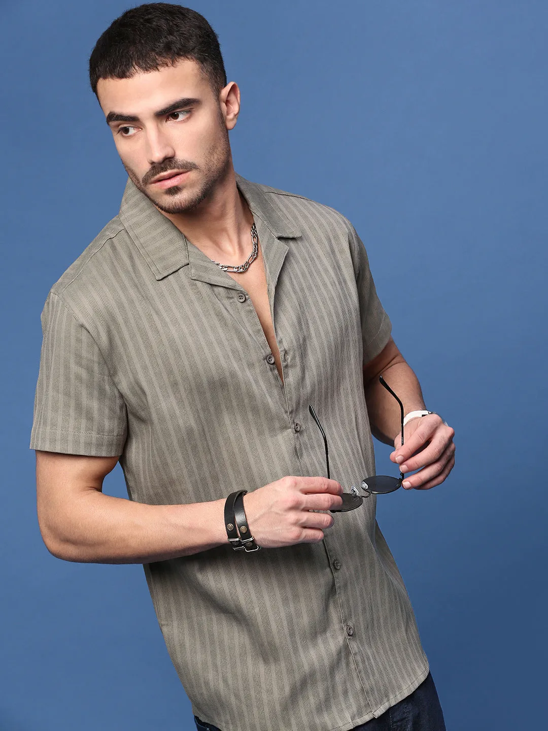 Active Wear Men's Olive Cuban Collar Standard Opaque Casual Shirt
