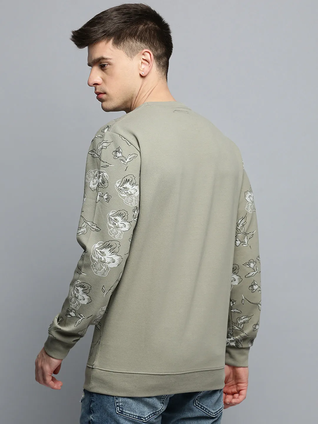product geometric precision Fashion Trend Men's Olive Floral Printed Pullover Sweatshirt