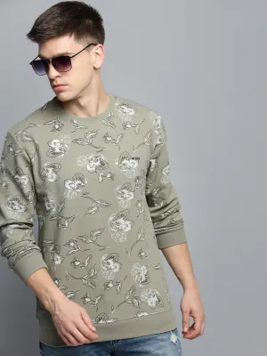 Poplin Bold Graphics Men's Olive Floral Printed Pullover Sweatshirt