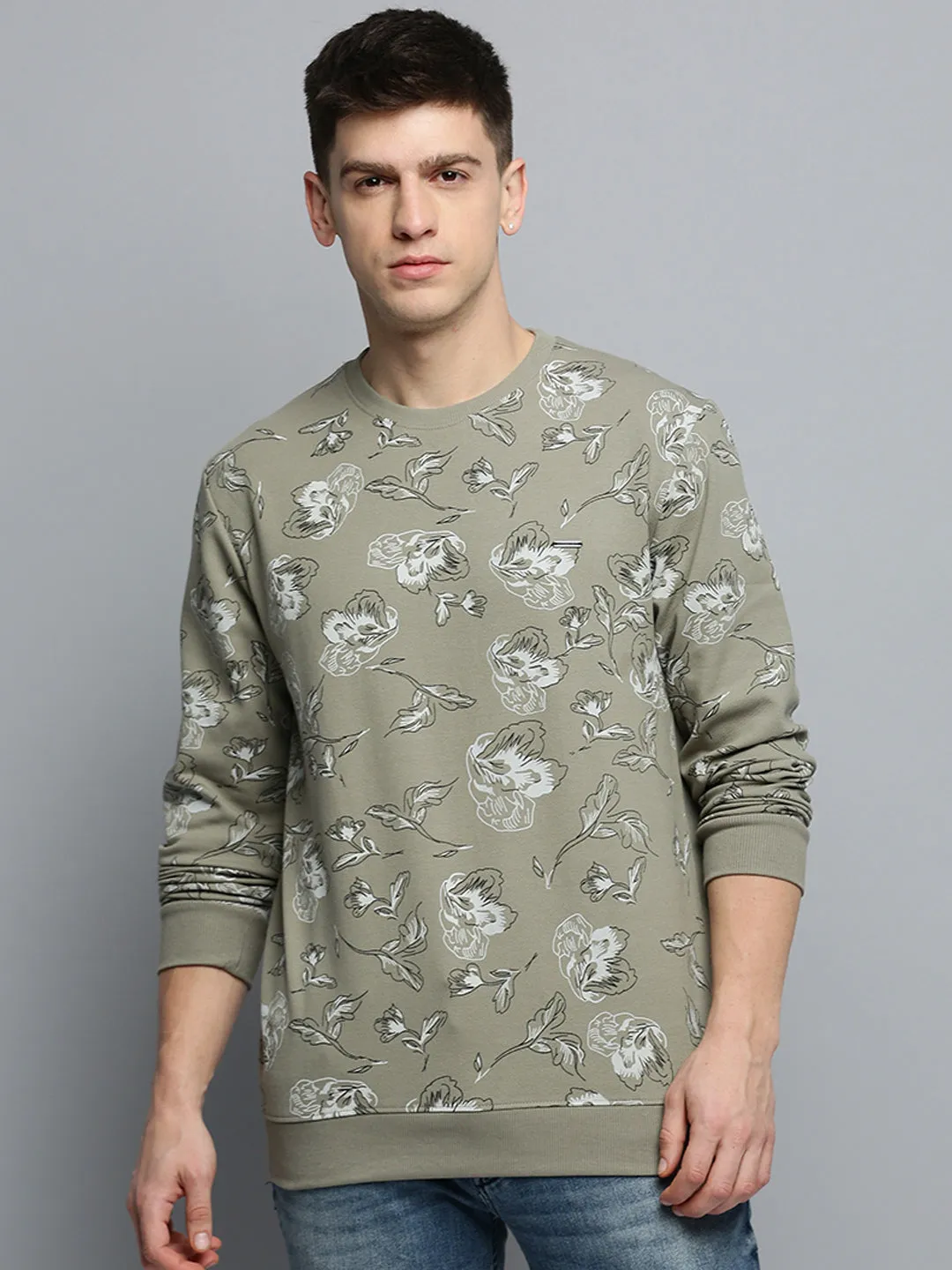 Men's Olive Floral Printed Pullover Sweatshirt product stain resistant convenience Water-Repellent Finish