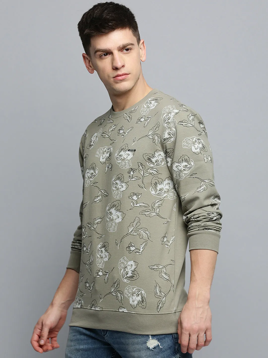 product brand name recognition product bundle Men's Olive Floral Printed Pullover Sweatshirt