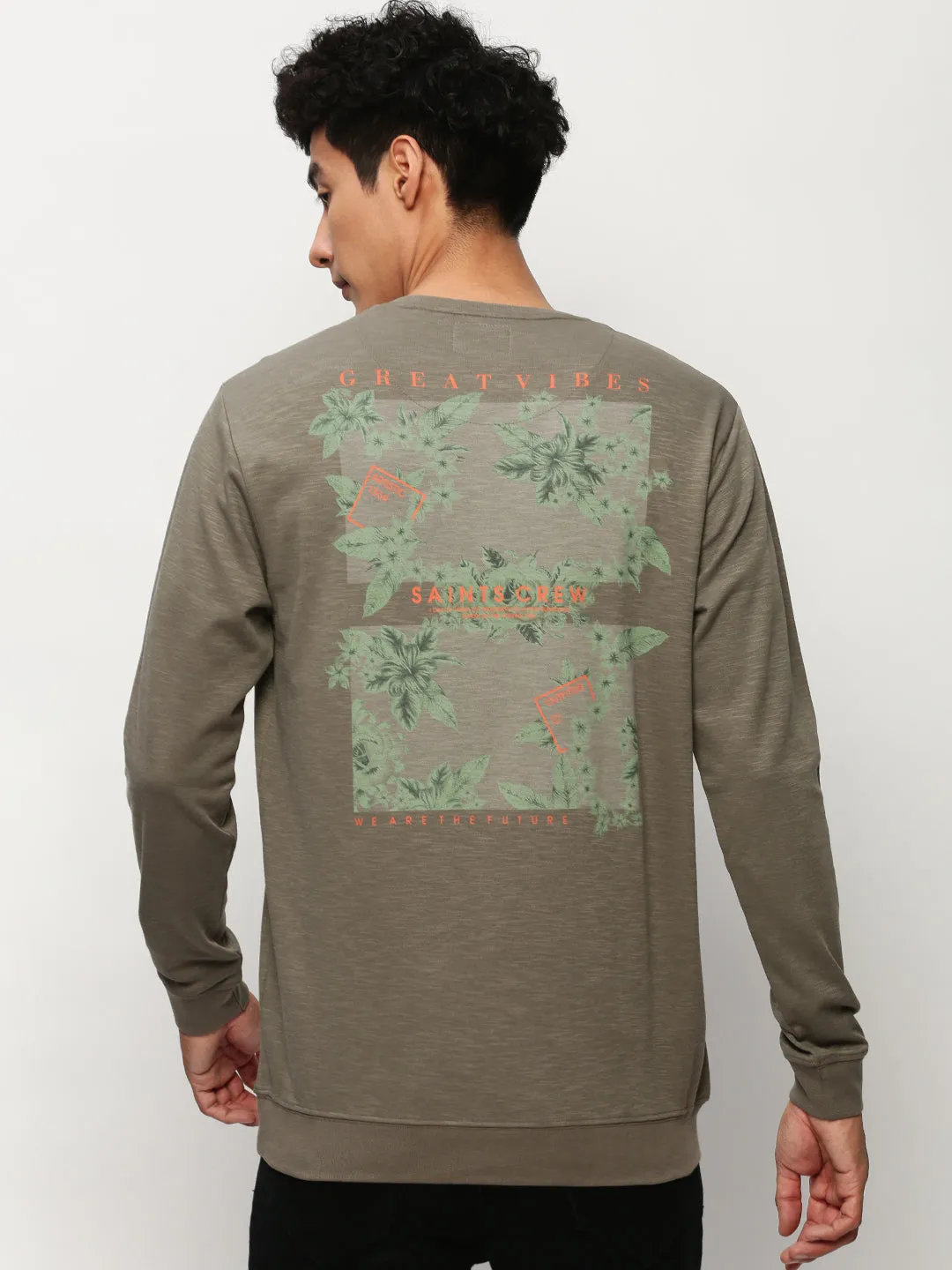 Warm Layers Luxury Men's Olive Graphic Printed Cotton Sweatshirt