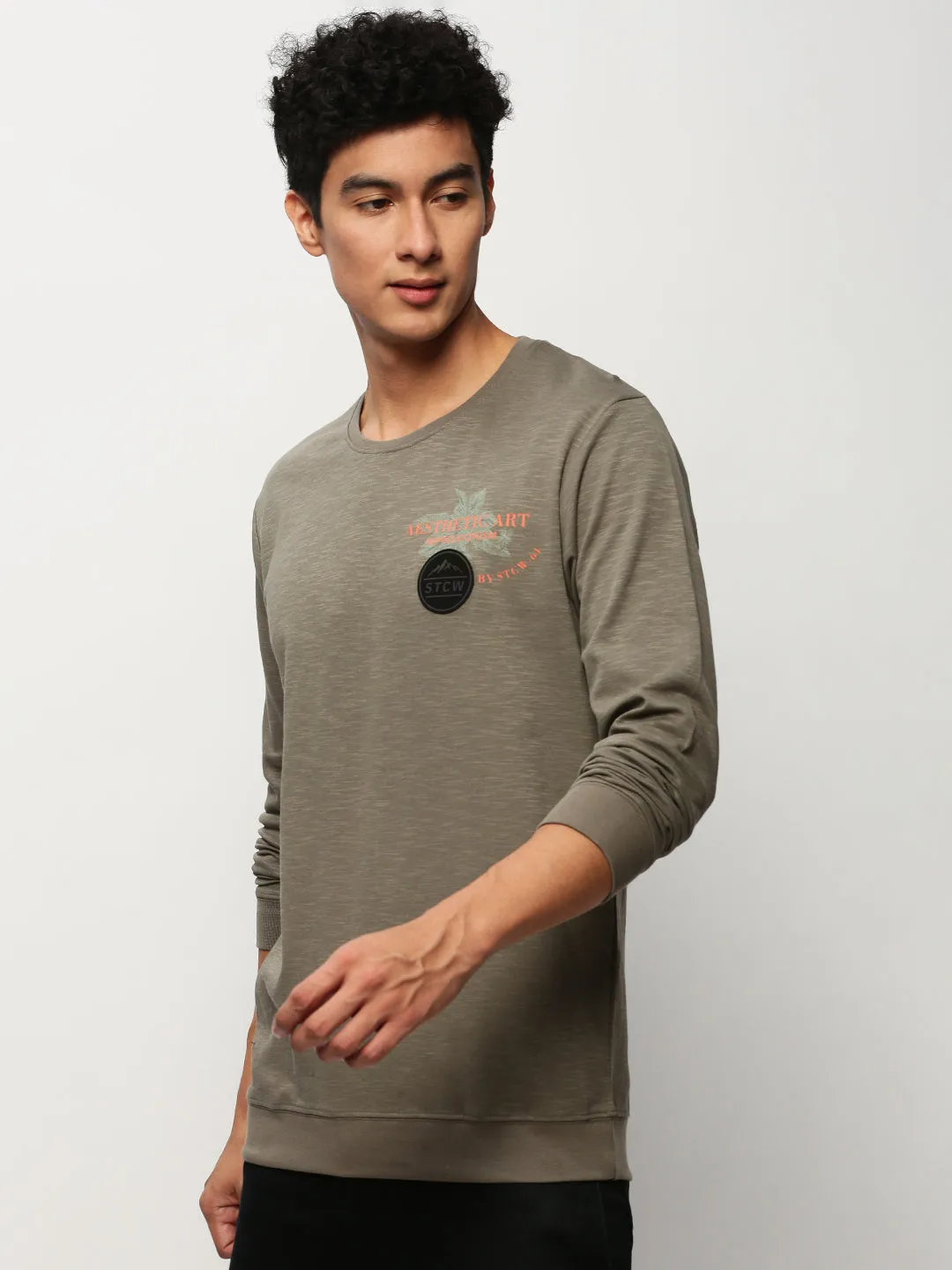 Men's Olive Graphic Printed Cotton Sweatshirt Timeless Comfort Comfortable Outfit