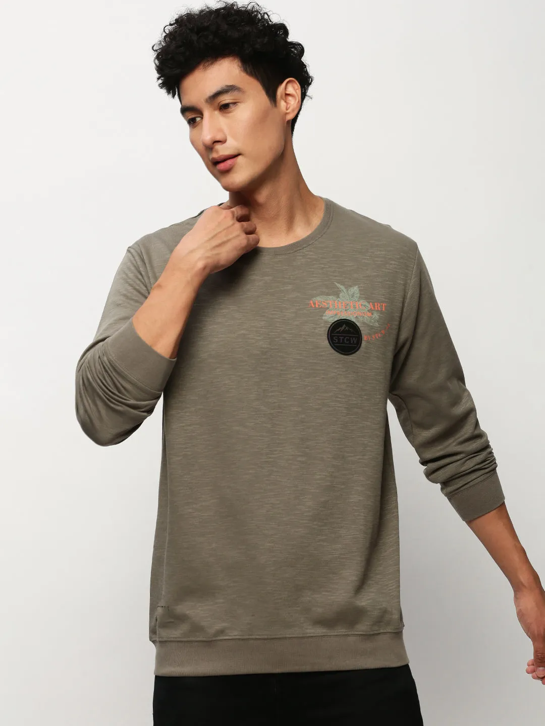 Men's Olive Graphic Printed Cotton Sweatshirt Layered Fit