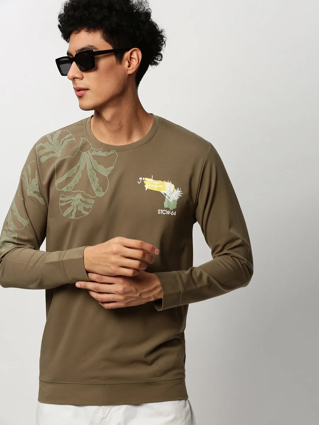 zippered Men's Olive Graphic Printed Round Neck Cotton Pullover