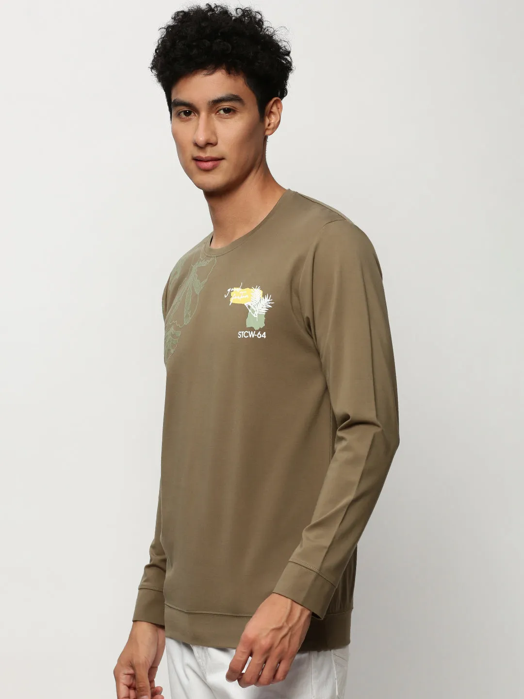 Men's Olive Graphic Printed Round Neck Cotton Pullover button detail