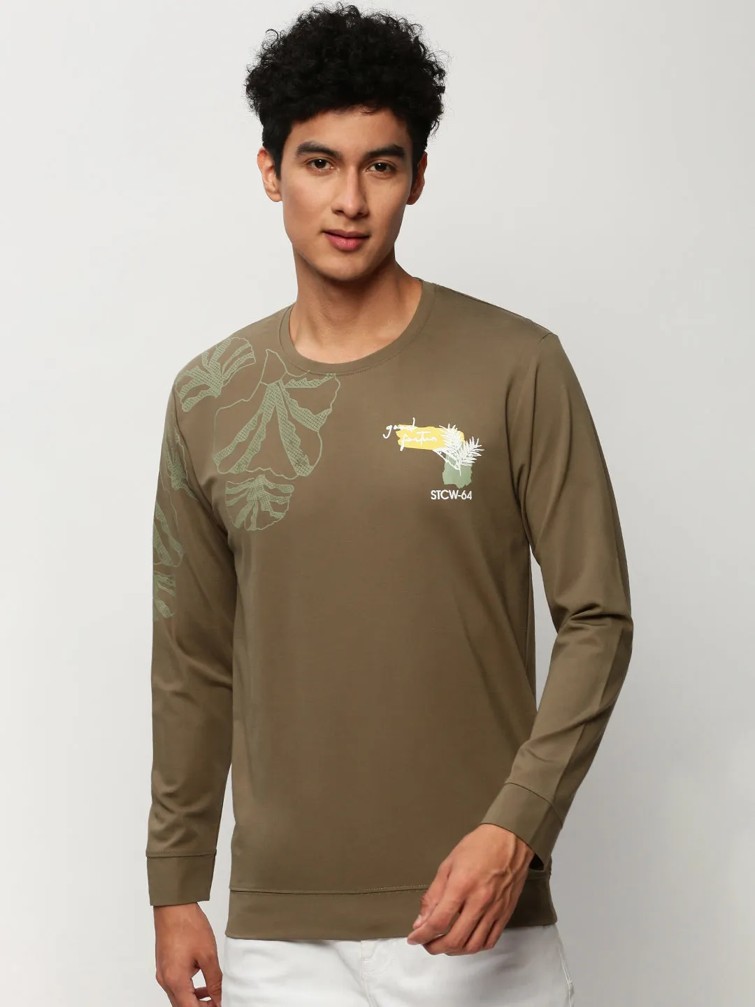 Chic Design Men's Olive Graphic Printed Round Neck Cotton Pullover