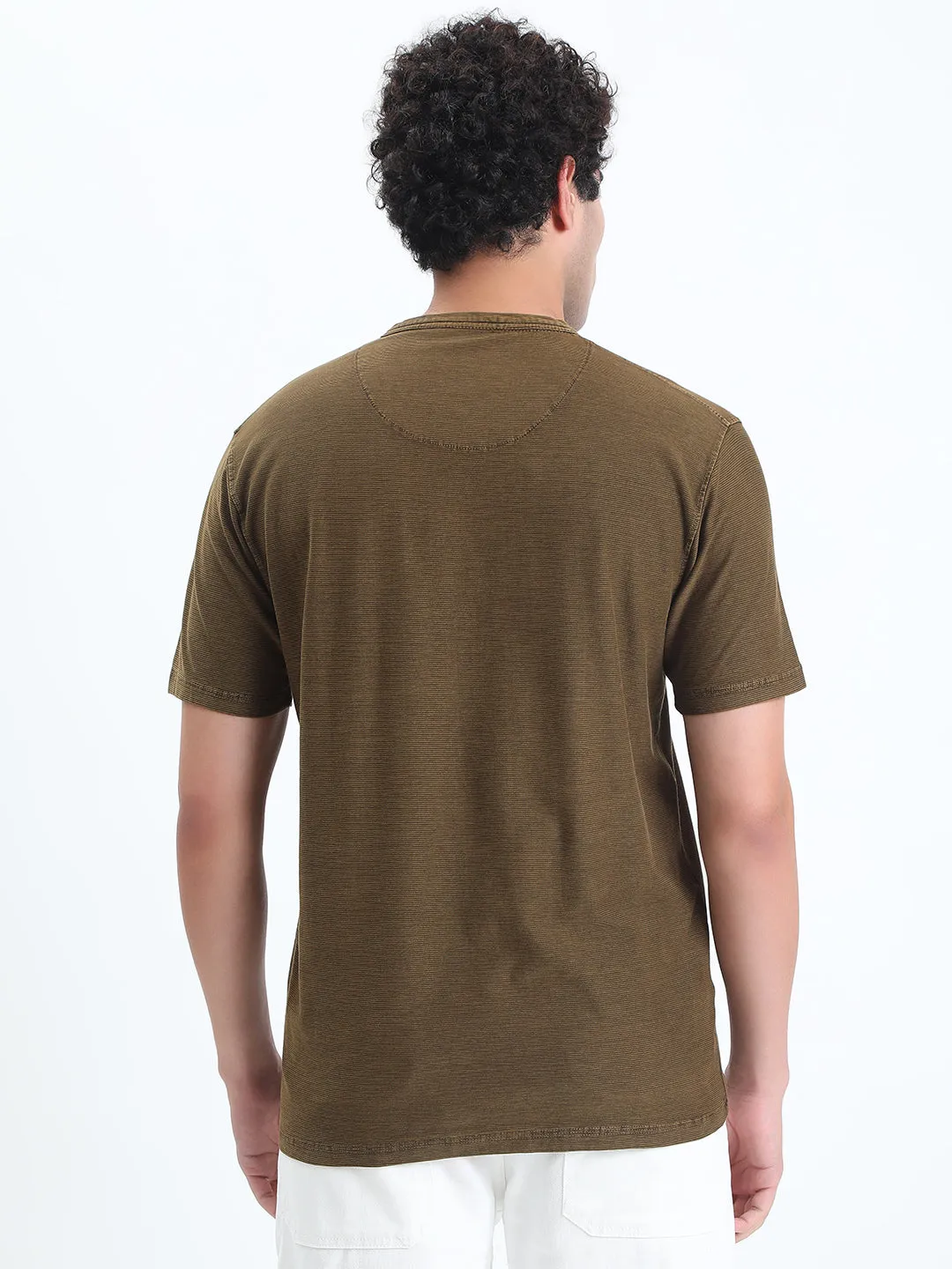Men's Olive Henley Collar Regular Fit T-Shirt Clean Fit Cotton Glow