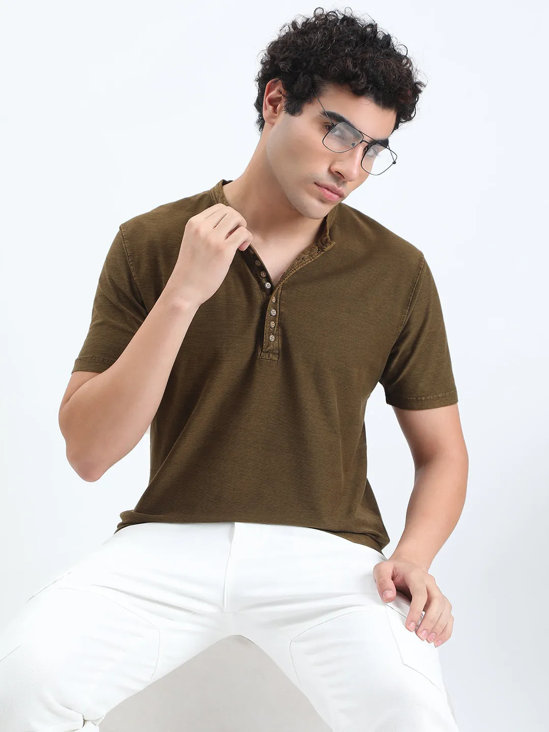 Winter Protection Men's Olive Henley Collar Regular Fit T-Shirt