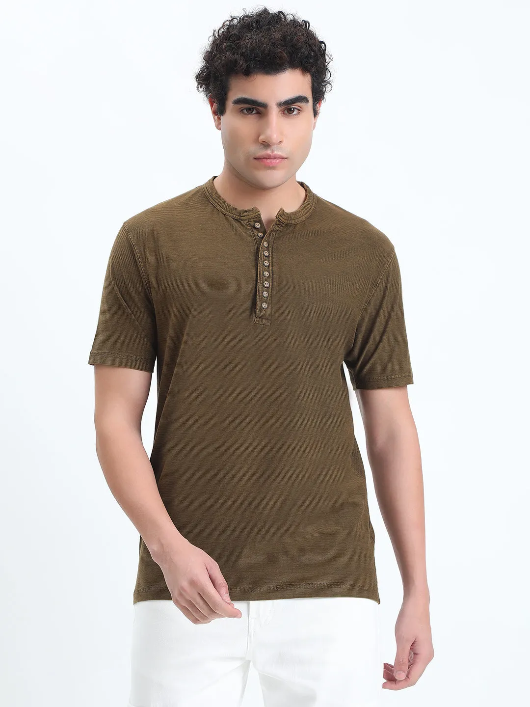Men's Olive Henley Collar Regular Fit T-Shirt StretchWaistband