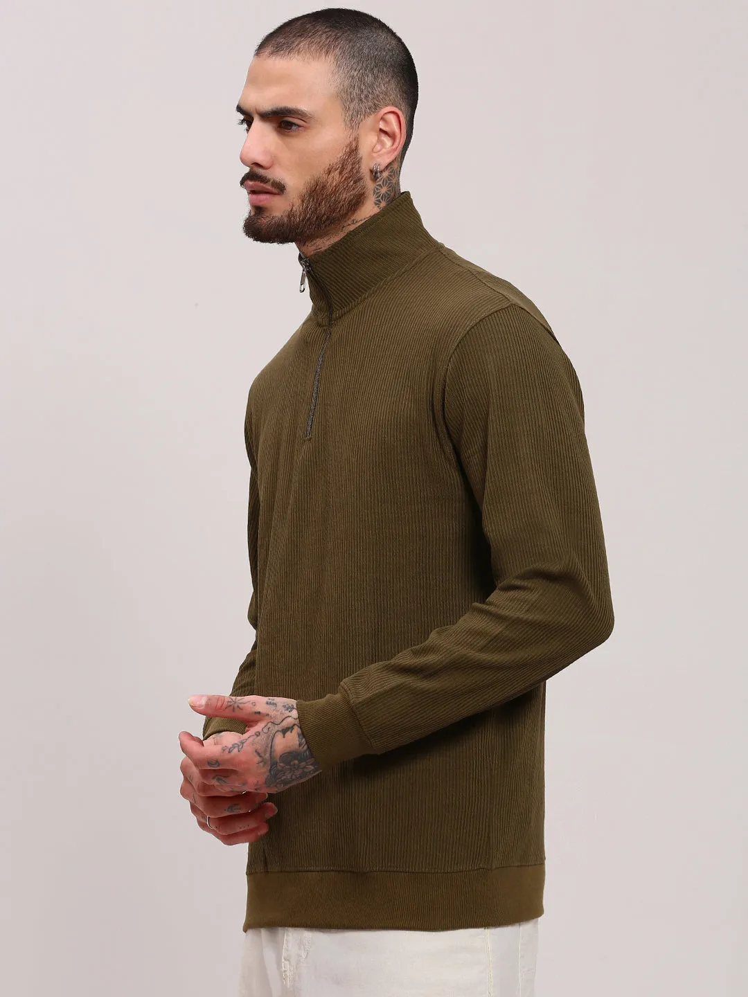 Men's Olive High Neck Pullover SnagResistant Surface Garment Dye Process