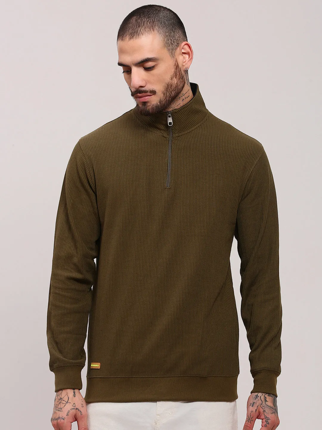 Daily Casual Style All Day Wear Men's Olive High Neck Pullover