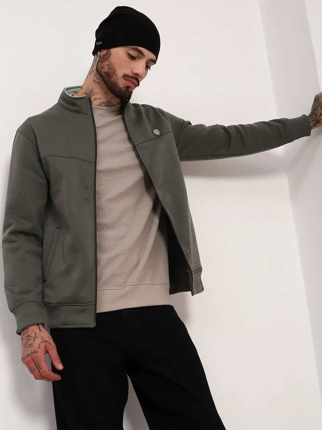 Easy Layer Bold Print Men's Olive Mock Collar Cotton Sweatshirt