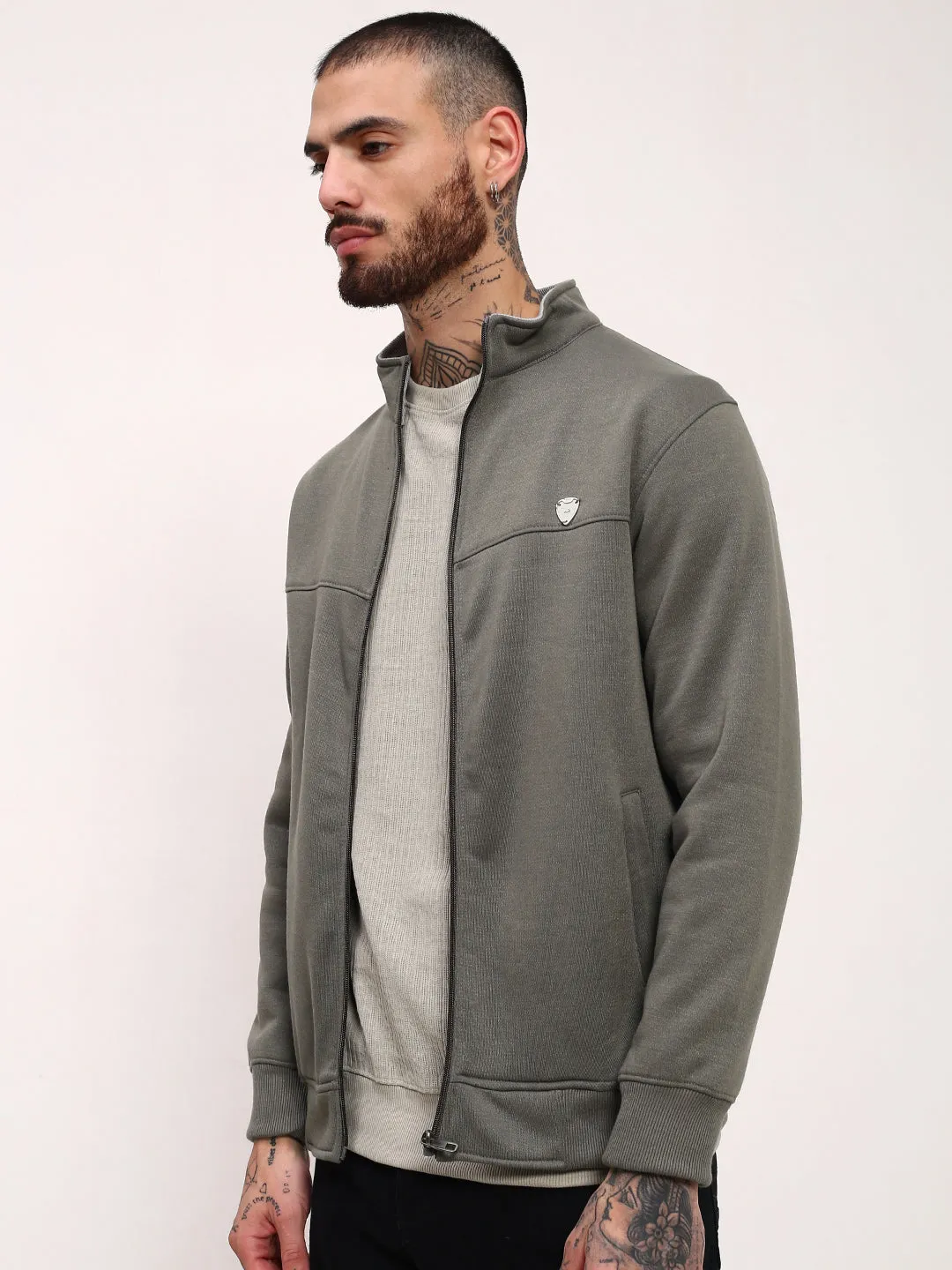 Snug Wear right for running Men's Olive Mock Collar Cotton Sweatshirt