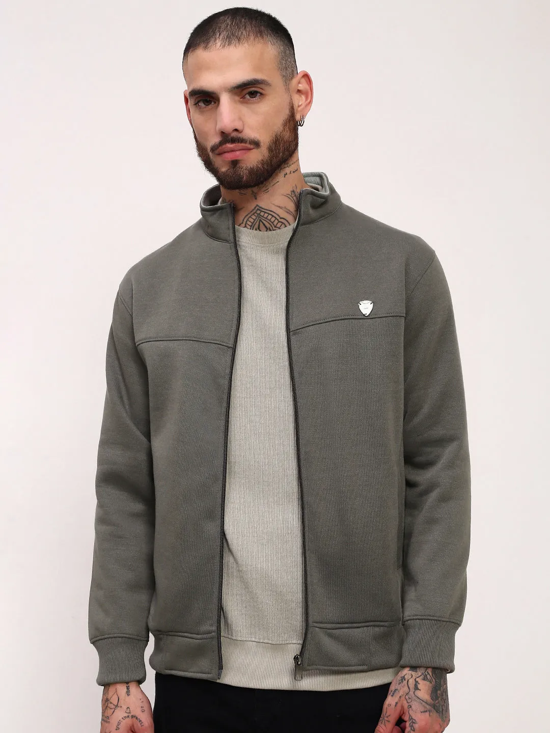 Men's Olive Mock Collar Cotton Sweatshirt Youth Style