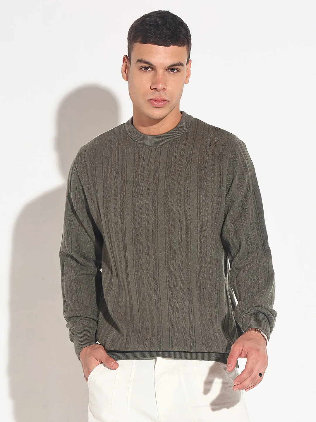 Men's Olive Ribbed Round Neck Sweater Perfect Layer