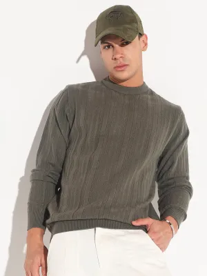 Wrinkle Recovery Fabric Ribbed Hem Detail Men's Olive Ribbed Round Neck Sweater