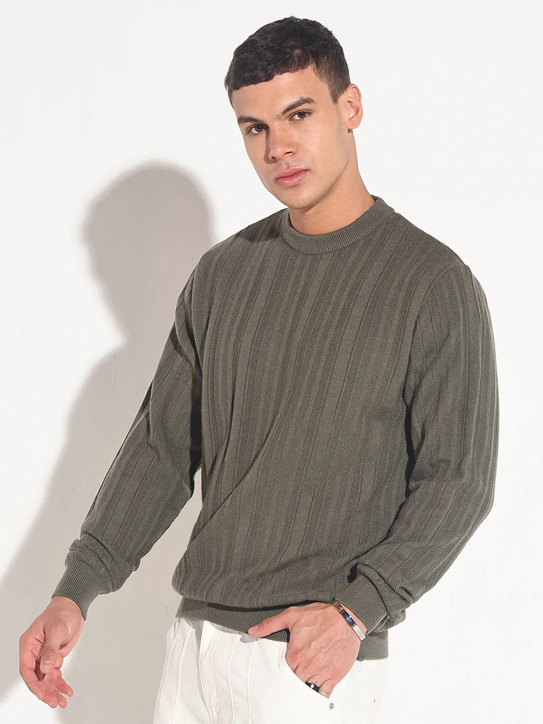 Workday Fit Men's Olive Ribbed Round Neck Sweater