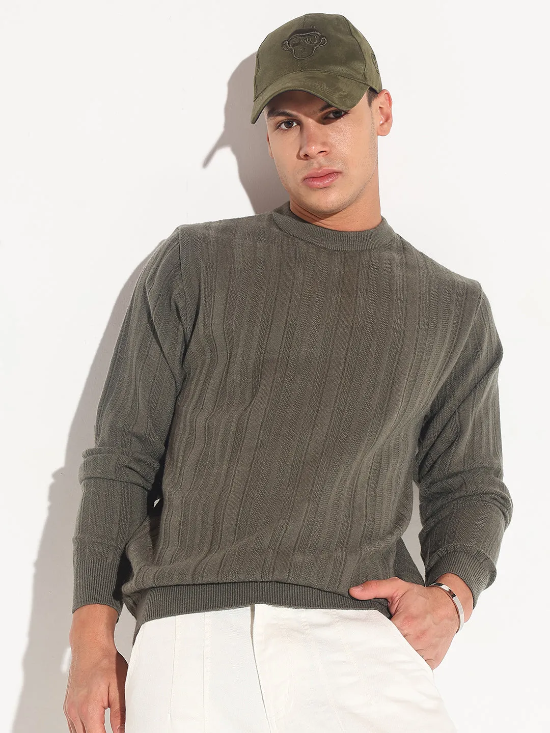 Wrinkle Recovery Fabric Ribbed Hem Detail Men's Olive Ribbed Round Neck Sweater
