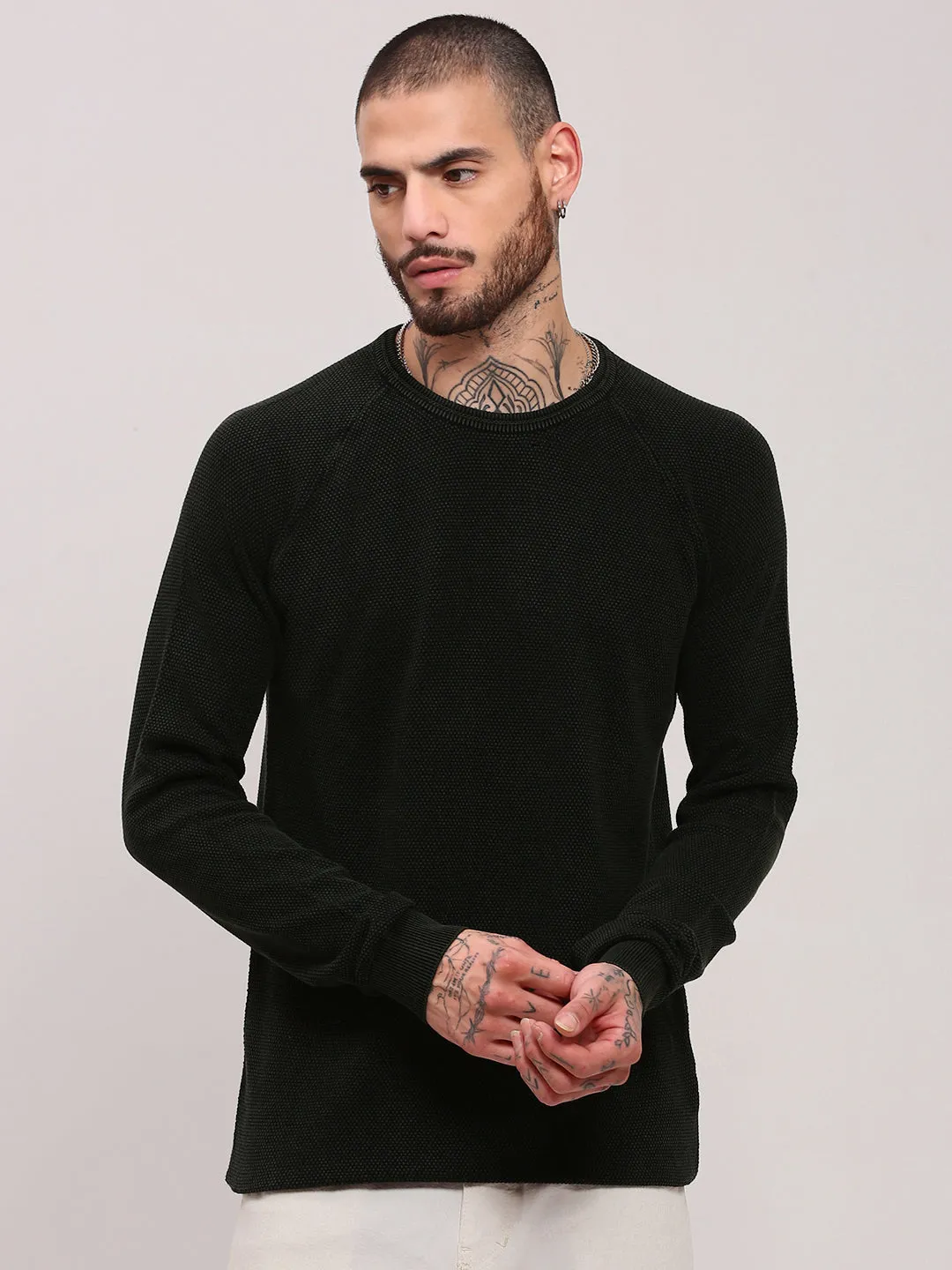 Men's Olive Round Neck Long Sleeves Casual Pullover Lattice Ventilation Weave