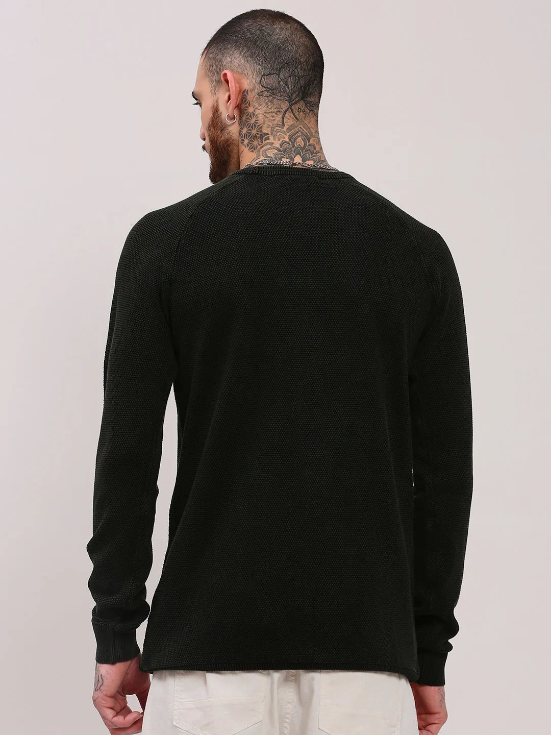 Men's Olive Round Neck Long Sleeves Casual Pullover Reinforced Seams