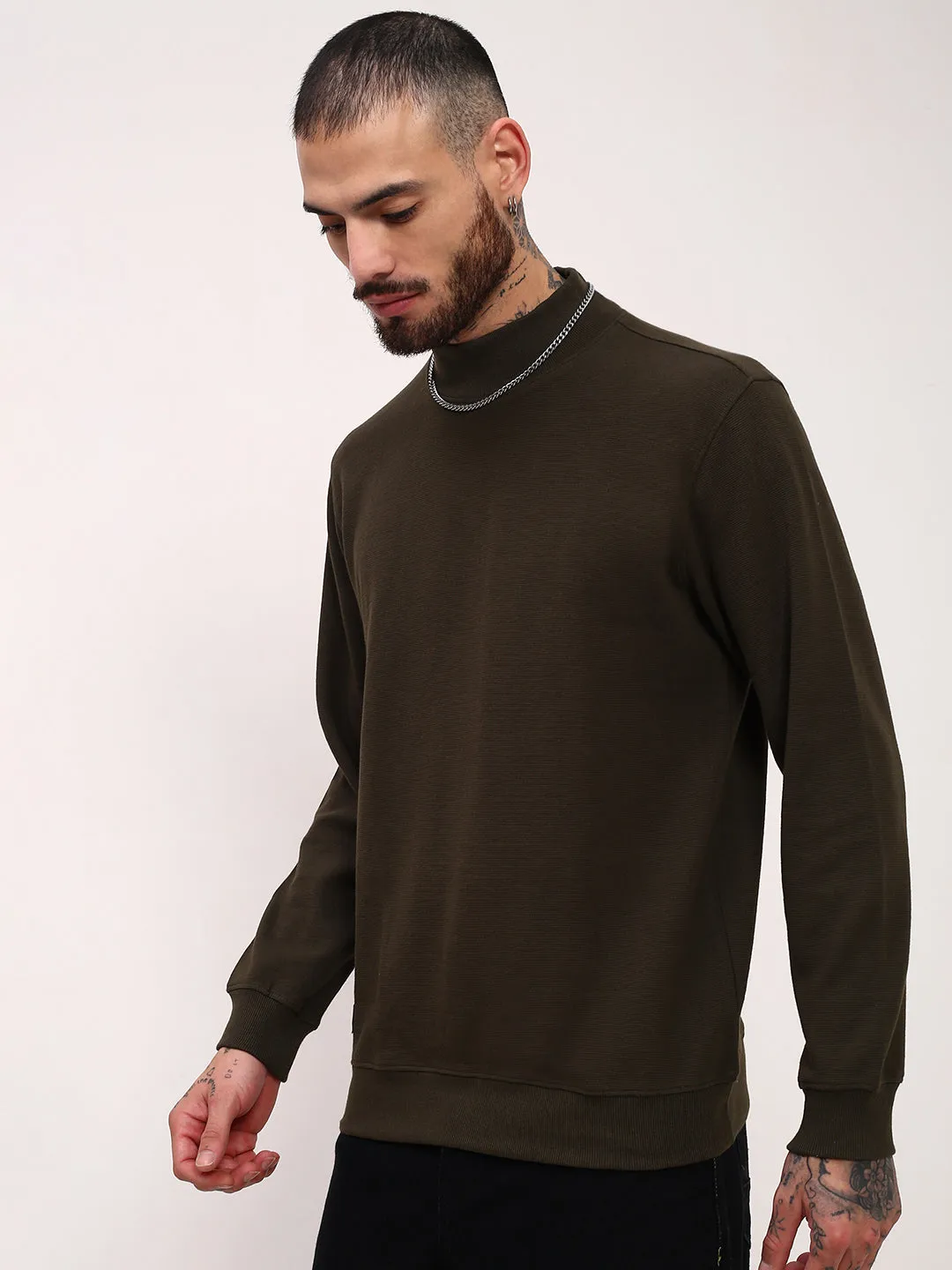 Men's Olive Round Neck Long Sleeves Pullover Soft Finish