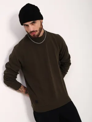 Men's Olive Round Neck Long Sleeves Pullover Relaxed Armhole Fit FadeResistant