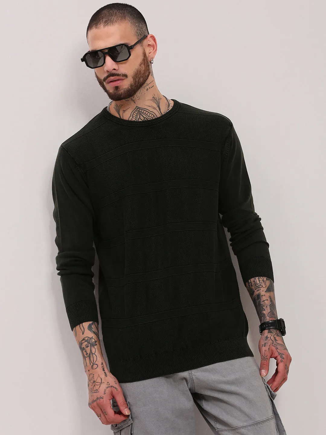 Stretchable Waistband Men's Olive Round Neck Pullover Cotton Sweater