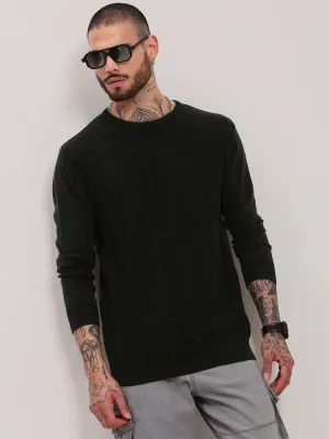 Stretchable Waistband Men's Olive Round Neck Pullover Cotton Sweater